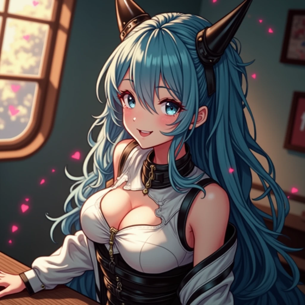 (best quality,ultra-detailed,realistic:1.37),cute anime girl,light blue hair,detailed eyes,detailed lips,smiling,wearing a cute outfit,cheerful expression,vibrant colors,soft lighting,anime style,fantasy background,playful pose,beautifully illustrated, vtuber, cyberpunk anime girl,