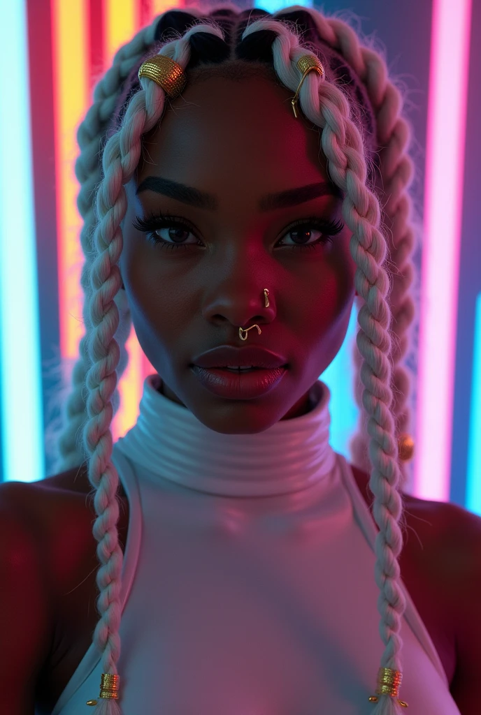nigerian woman, young, naked, three white braids, golden braid beads, septum piercing, dimples, thick collar around neck, naughty expression, white latex bodysuit, neon lights, close-up, UHD, retina, masterpiece, accurate, anatomically correct, textured skin, super detail, high details, high quality, award winning, best quality, highres