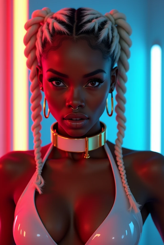 nigerian woman, young, naked, three white braids, golden braid beads, septum piercing, dimples, thick collar around neck, naughty expression, white latex bodysuit, neon lights, close-up, UHD, retina, masterpiece, accurate, anatomically correct, textured skin, super detail, high details, high quality, award winning, best quality, highres
