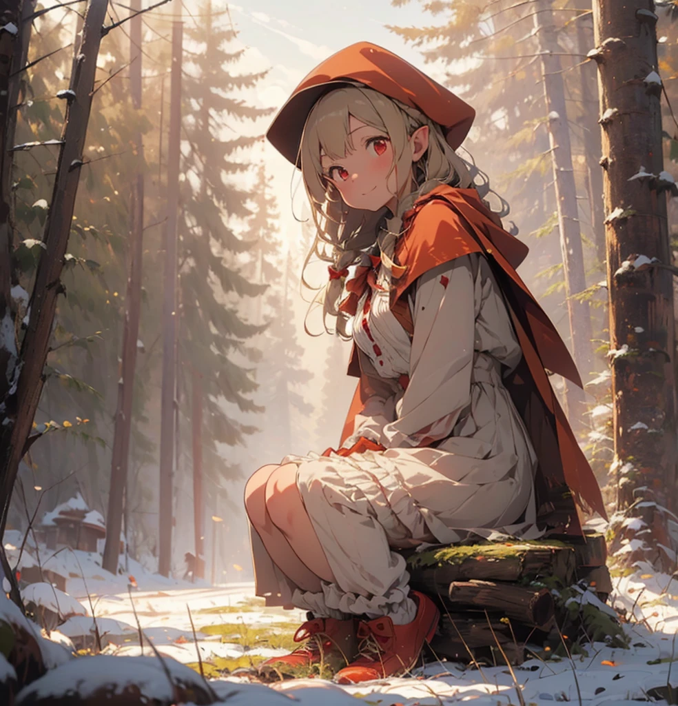 mushroom, Sitting, wood, Outdoor, Grass, nature, One girl, Blonde, Red footwear, forest, shoes, Long sleeve, bangs, Red Hat, Have, Food, red Cape, gloves, Medium Hair, Bloomers, dress, Long Hair, Day, shirt, Mouth closed, whole body, Cape, alone, Food up, View your viewers, red Food, One boy, wood stump, white Bloomers, red dress, Red Cape, plant, Raise your knees, bow, Day光, white shirt, bird, Moss, Red eyes, underwear, Living things, Braiding, smile, On the ground, Pointed Ears, red bow, animal, little red riding Food (Grimm), red Capelet, pants, 