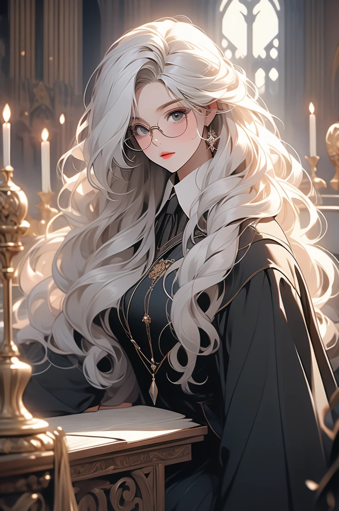 1 girl, floor-long hair, black skirt, academy uniform, hogwarts, glasses, looking down at viewer, voluptuous, white hair