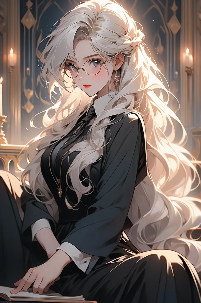 1 girl, floor-long hair, black skirt, academy uniform, hogwarts, glasses, looking down at viewer, voluptuous, white hair