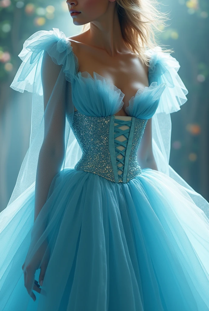 guamarina with light blue shiny tulle sleeves,with tight and long corset