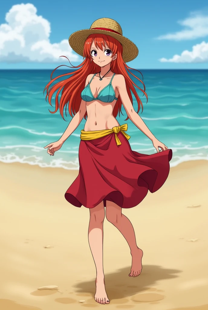 I want the character Nami from one piece, with a skirt, Sin blaze, on the beach
