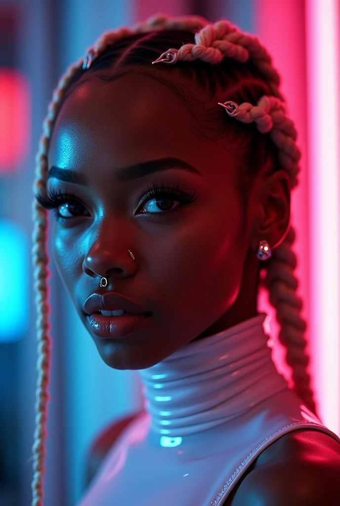nigerian woman, young, naked, three white braids, septum piercing, dimples, thick collar around neck, naughty expression, white latex bodysuit, neon lights, close-up, UHD, retina, masterpiece, accurate, anatomically correct, textured skin, super detail, high details, high quality, award winning, best quality, highres