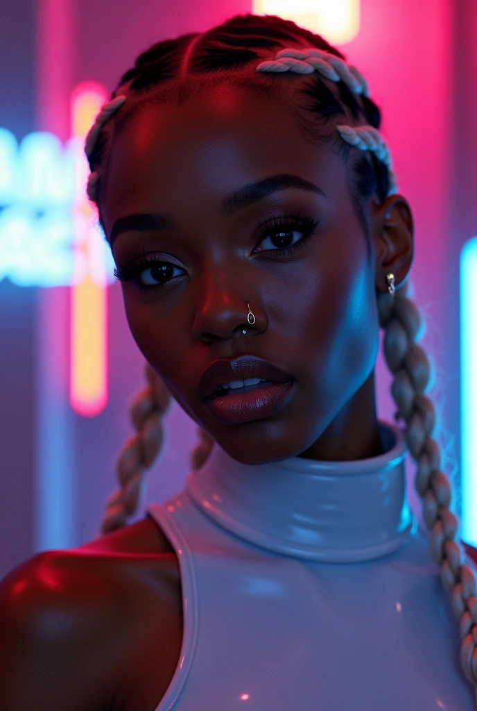 nigerian woman, young, naked, three white braids, septum piercing, dimples, thick collar around neck, naughty expression, white latex bodysuit, neon lights, close-up, UHD, retina, masterpiece, accurate, anatomically correct, textured skin, super detail, high details, high quality, award winning, best quality, highres