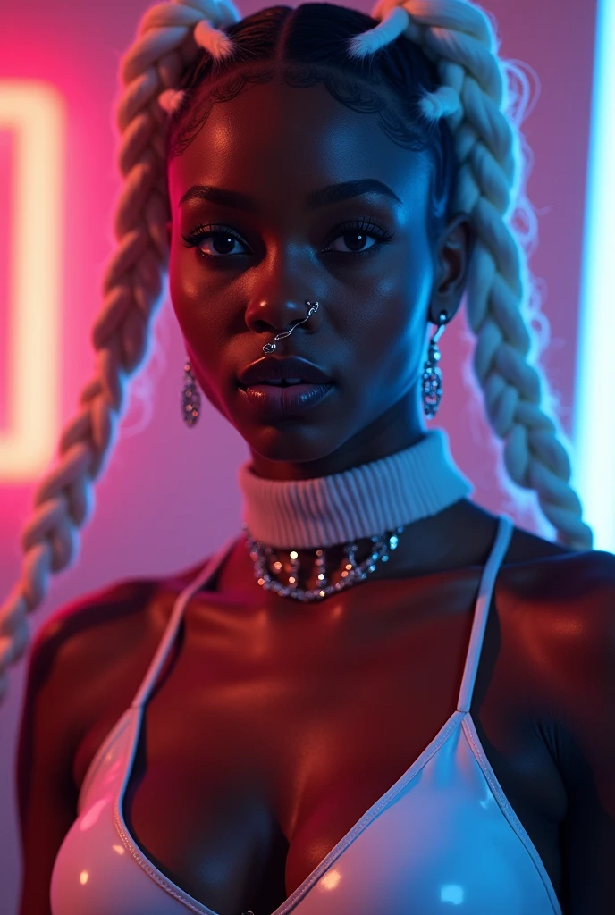 nigerian woman, young, naked, three white braids, golden braid beads, septum piercing, dimples, thick collar around neck, naughty expression, white latex bodysuit, neon lights, close-up, UHD, retina, masterpiece, accurate, anatomically correct, textured skin, super detail, high details, high quality, award winning, best quality, highres
