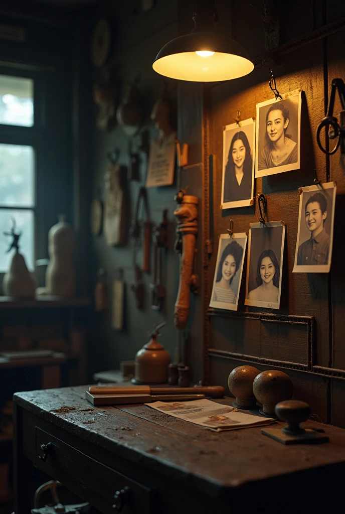 ((Japan))A dimly lit human body workshop in、((Old photos on the wall))、その写真はJapan人剥製師とJapan人の若い女性とのツーショットの笑顔の写真だった、That&#39;s how it is々Tools were hanging(((It was pinned to the wall of the workshop.)))