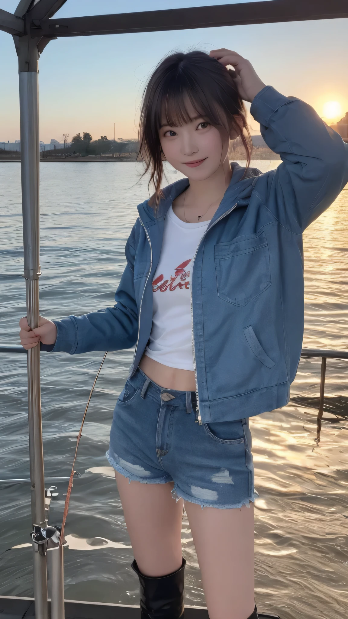 Best image quality (8k, High resolution, masterpiece: 1.2), Very detailed, Random Hairstyles, 26-year-old woman, 

Extraordinary beautiful girl、Cute and beautiful face details、(Dealing with the Children_v1:0.008)、


score_9, score_8_upper, score_7_upper, 

A situation where you can start fishing at sunrise: early morning、As the orange morning sun rises on the horizon、A 16-year-old girl with a fishing rod starts fishing on the lakeside。The water surface sparkles in the morning sun。
clothing: Long sleeve fishing jacket、cap、Denim shorts。The feet are in boots。
Camera angle: An angle capturing the silhouette of a person holding a fishing pole with the morning sun in the background。



,Active stop temporarily ,
On her side、The thunder danced。
Focus on the upper waist


, Random cute poses ,Big eyes ,Puffy eyes ,  Heart pupil, blush  , Big shy smile , salute

　

