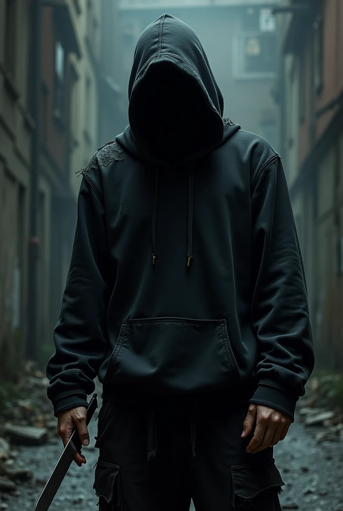 A Man wearing a mask covering his entire face. He is also wearing a black hoodie and carrying a knife. His clothes Are Very ragged and dirty.