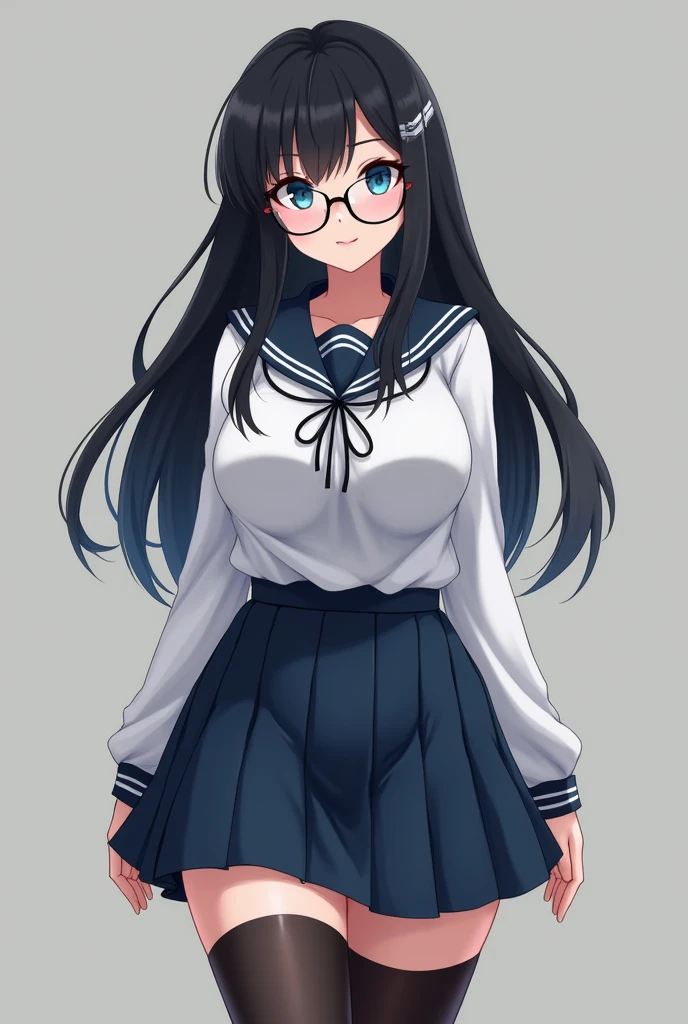 A woman with long black hair and short bangs, marine blue eyes, pale skin and full, pink lips. She wears a schoolgirl uniform with black stockings hugging her thighs., big boobs and glasses.
