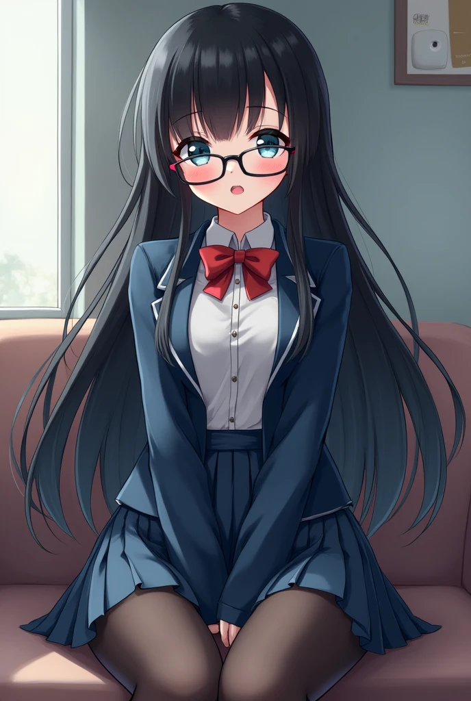 A woman with long black hair and short bangs, marine blue eyes, pale skin and full, pink lips. She wears a schoolgirl uniform with black stockings hugging her thighs., big boobs and glasses.