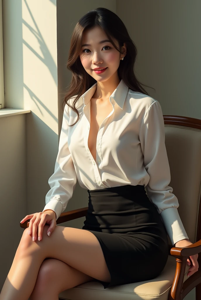 An elegantly dressed Japanese woman in natural light、44 years old, wearing a white shirt and a black tight skirt。Black high heels。Open your white shirt a little more、Sitting in a chair。The tight skirt has a few more slits。Smiling sexy