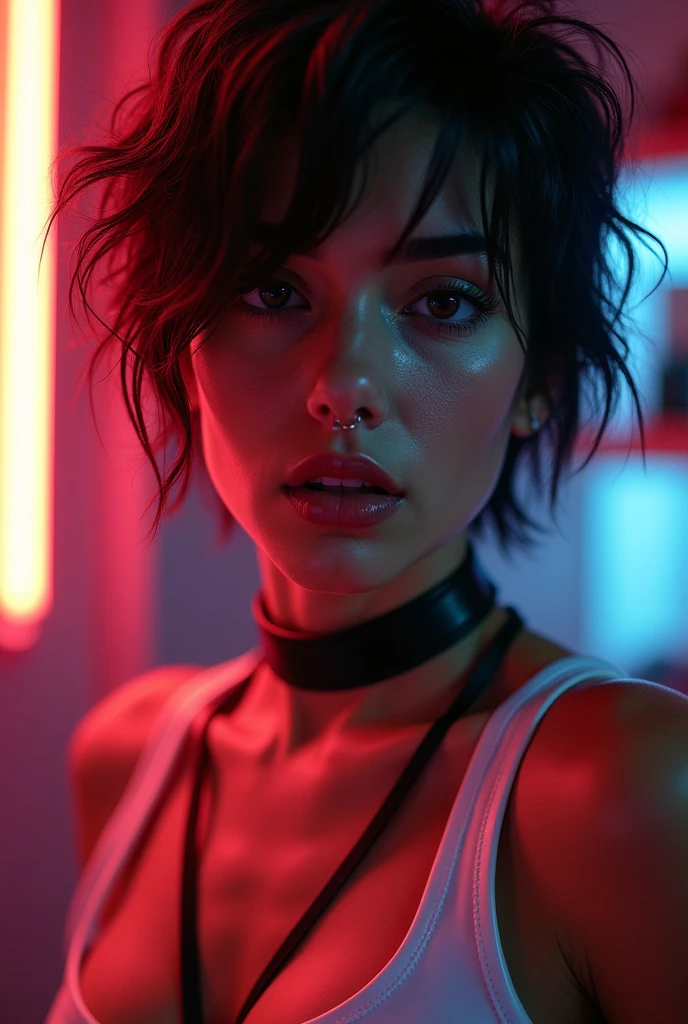 brazilian woman, young, naked, short hair, septum piercing, dimples, thick collar around neck, naughty expression, white latex bodysuit, neon lights, close-up, UHD, retina, masterpiece, accurate, anatomically correct, textured skin, super detail, high details, high quality, award winning, best quality, highres
