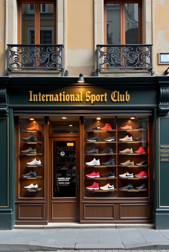 a shoe repair shop with the facade of the international sport club