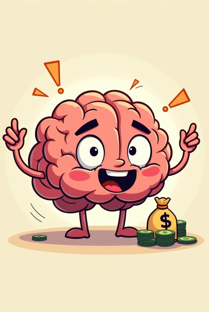 Smiling and excited intellectual cartoon brain thinking about a bag of money , a little serious and draws attention 