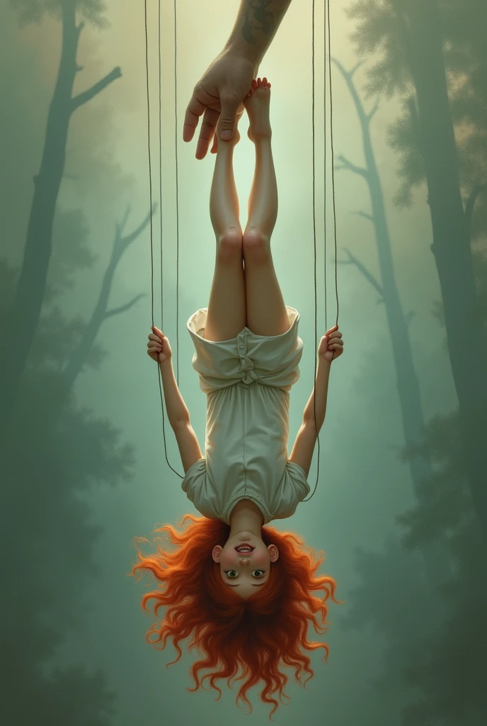 A redhead girl is floating upside down and is a puppet there is a hand that is controlling her .