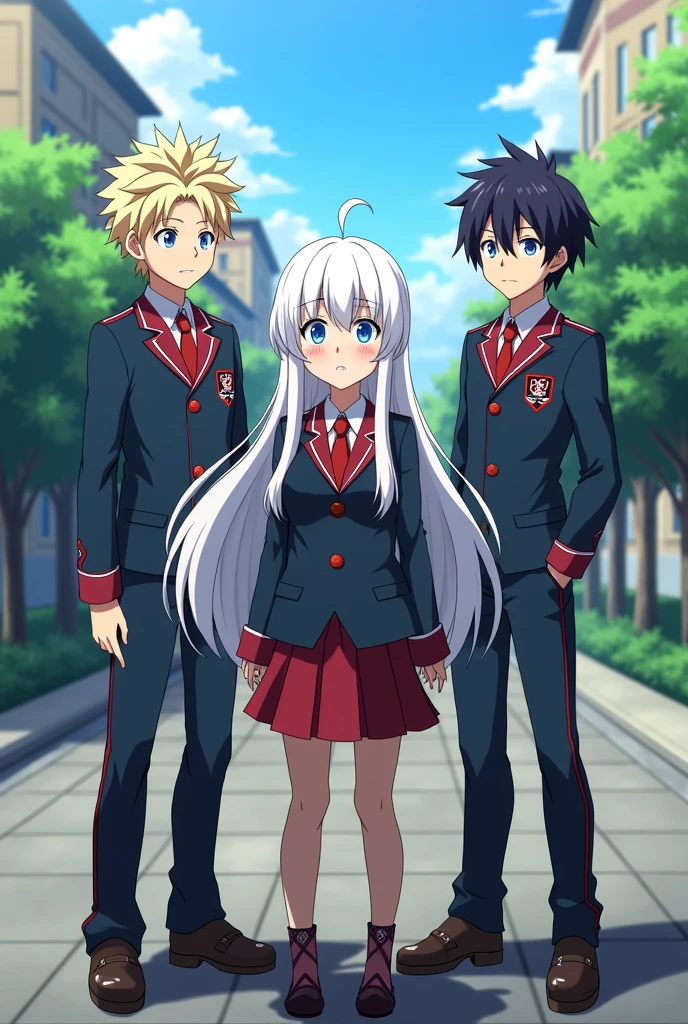 Boku no hero academia template a 15 year old girl with long white hair and blue eyes wearing the ua uniform and bakugo and izuku at her side