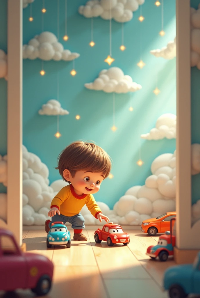 A  playing with toy cars in a room decorated with clouds and stars
