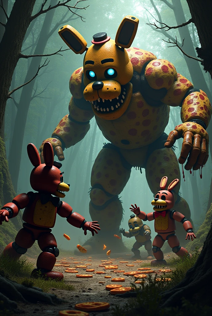 Make fnaf animatronics fighting pizza monster in forest