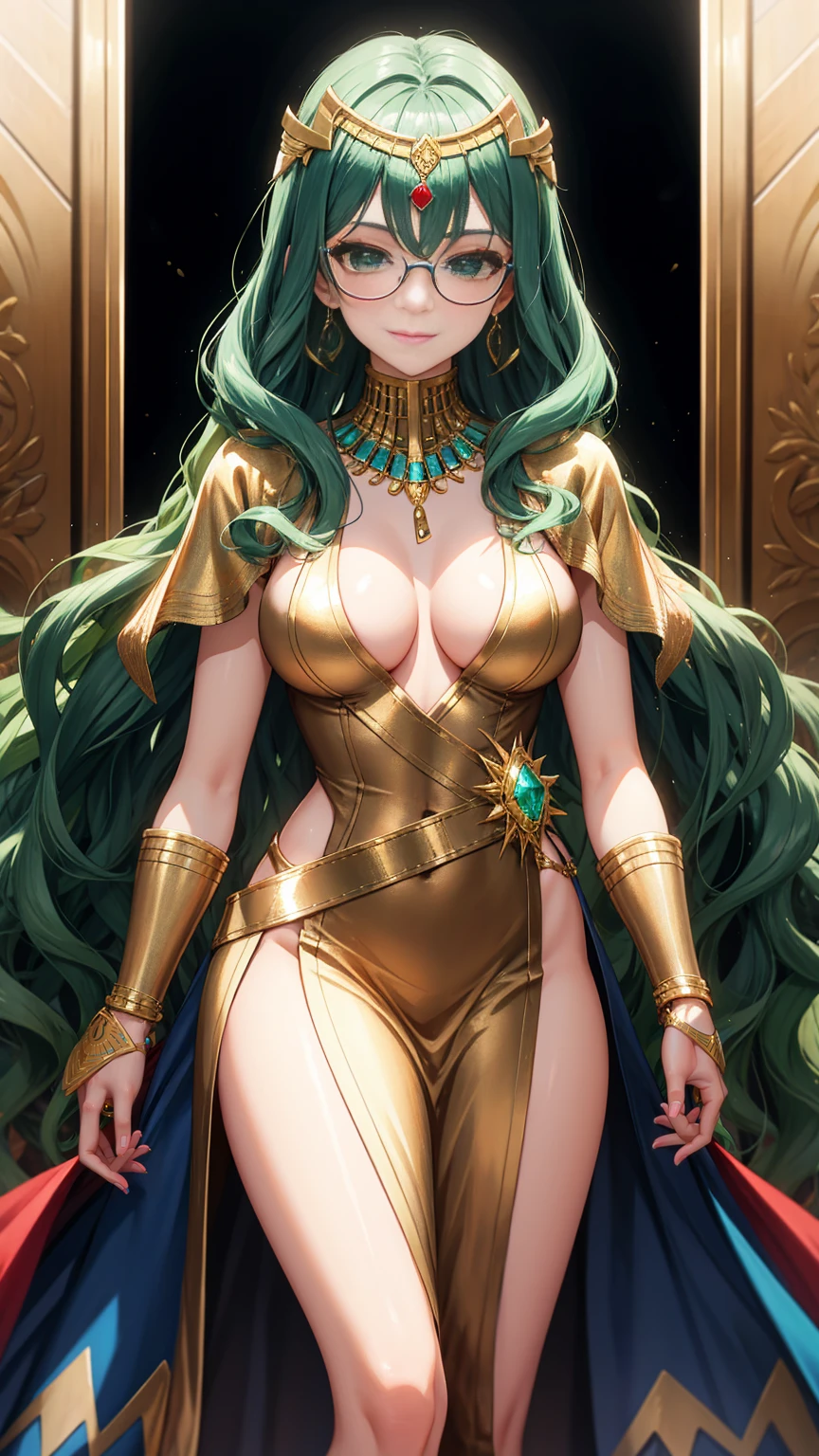 masterpiece, best quality, high quality, 1 woman, 24 years old, (green wavy medium hair: 1.2), green hair, green eyes, (glasses)), medium breasts, shiny skin, light smile, cowboy shot, tareme, 
BREAK
//Fashions 
Modern Egyptian Goddess
Blend traditional elements with contemporary fashion in this modern take on the Egyptian goddess look, The outfit includes a sleek black satin high-slit dress with a plunging neckline and gold detailing, A golden belt with hieroglyphic patterns cinches the waist, creating a sophisticated silhouette, 
BREAK
Over the shoulders, a sheer, gold-embellished cape attaches to gold armbands, adding a touch of drama, The headpiece is a minimalist gold circlet with a single turquoise gem, complementing the gold gladiator sandals and simple gold earrings, This ensemble merges ancient allure with modern elegance, perfect for a chic, powerful appearance,
BREAK