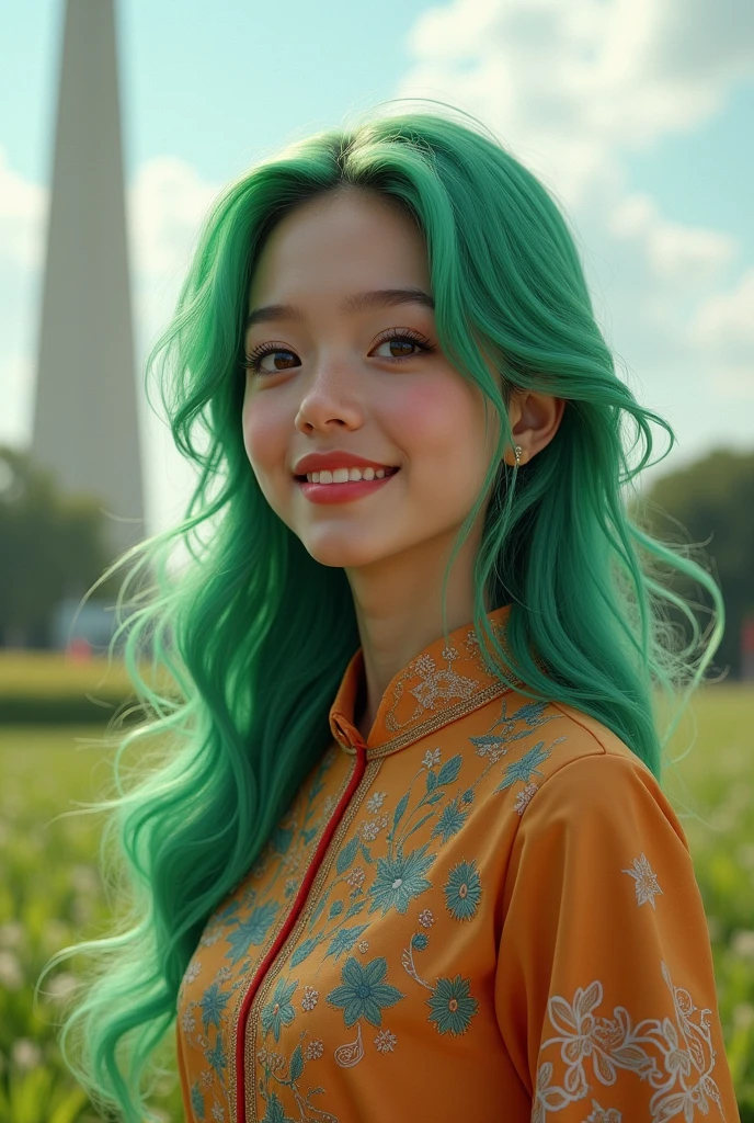 Girl indonesian with a long hair Green Color and with kebaya background tugu Monas
