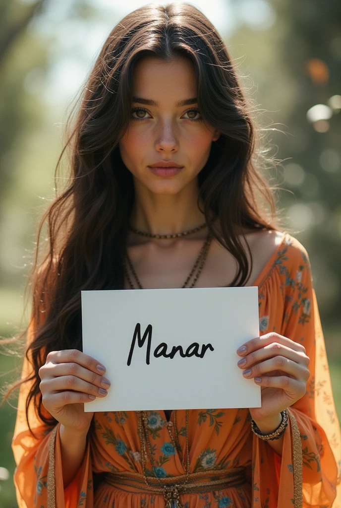Beautiful girl with wavy long hair, bohemian dress, holding a white board with text "Manar" and showing it to the viewer