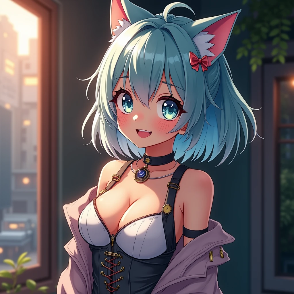 (best quality,ultra-detailed,realistic:1.37),cute anime girl,light blue hair,detailed eyes,detailed lips,smiling,wearing a cute outfit,cheerful expression,vibrant colors,soft lighting,anime style,fantasy background,playful pose,beautifully illustrated, vtuber, cyberpunk anime girl,