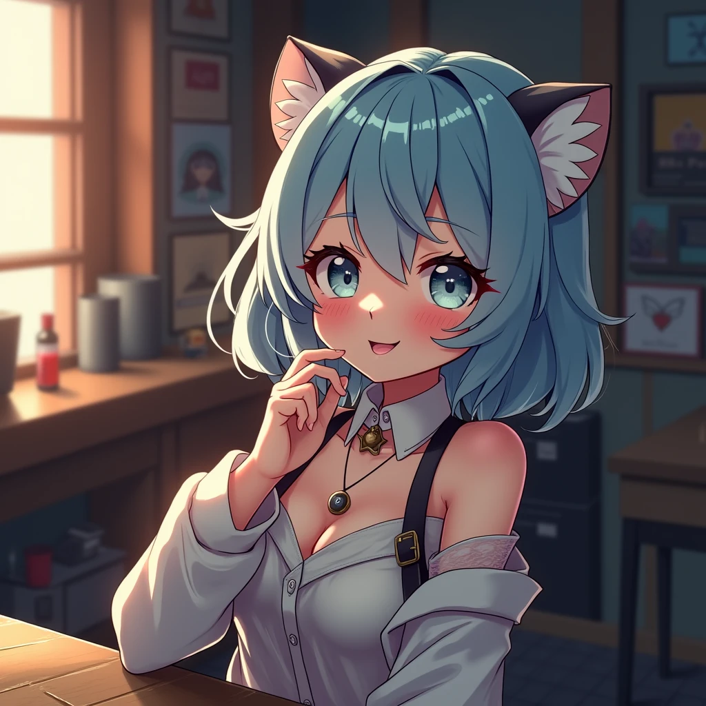 (best quality,ultra-detailed,realistic:1.37),cute anime girl,light blue hair,detailed eyes,detailed lips,smiling,wearing a cute outfit,cheerful expression,vibrant colors,soft lighting,anime style,fantasy background,playful pose,beautifully illustrated, vtuber, cyberpunk anime girl,