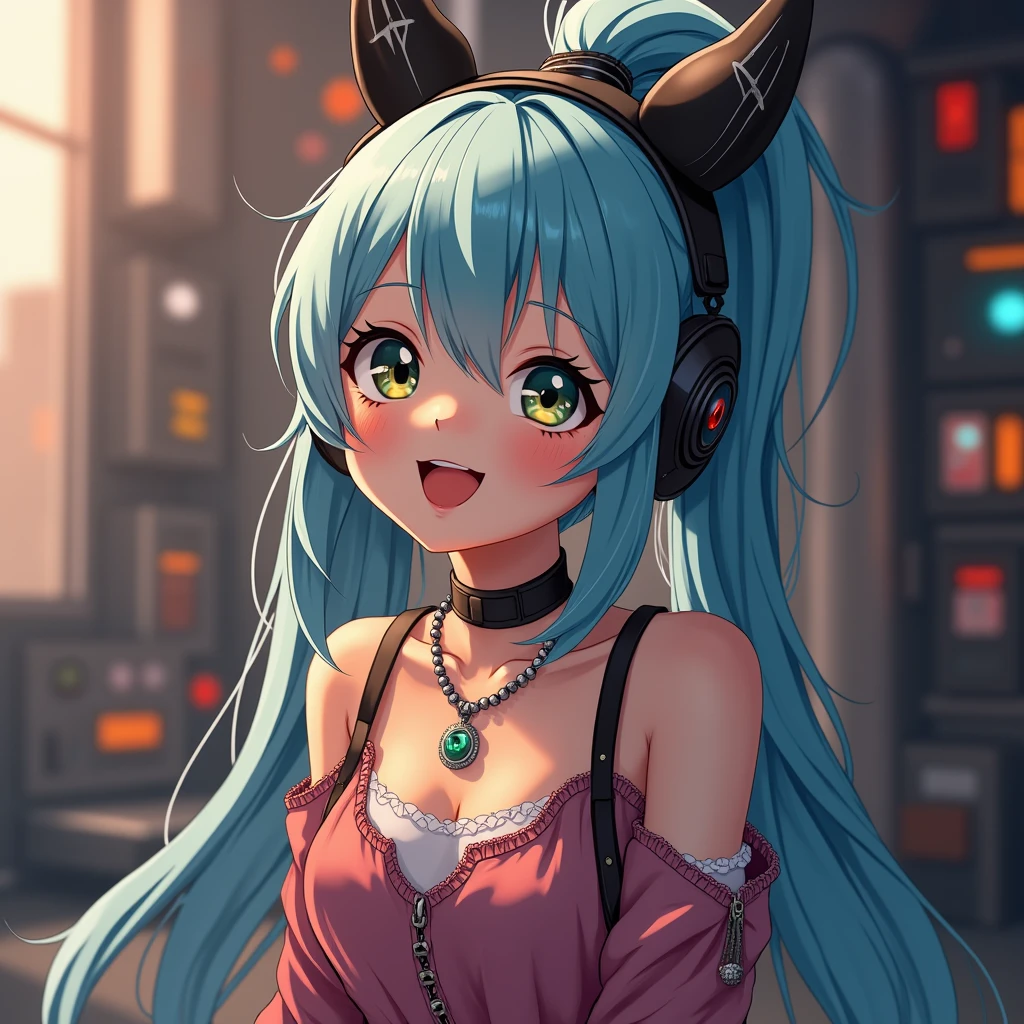 (best quality,ultra-detailed,realistic:1.37),cute anime girl,light blue hair,detailed eyes,detailed lips,smiling,wearing a cute outfit,cheerful expression,vibrant colors,soft lighting,anime style,fantasy background,playful pose,beautifully illustrated, vtuber, cyberpunk anime girl,
