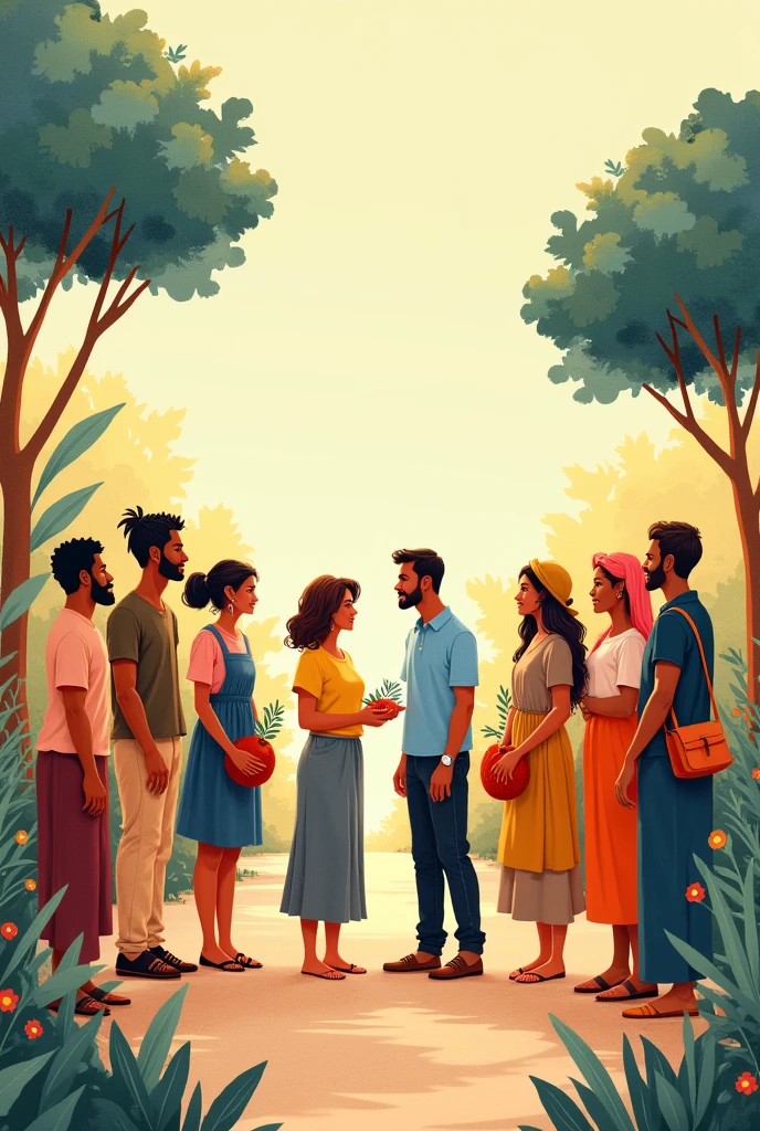 Give me an image with the concept of encounter cultures, Let it be a nice and simple drawing