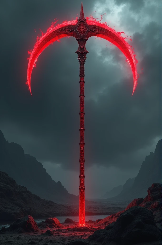 Red scythe with sheath for storage, that comes out complete