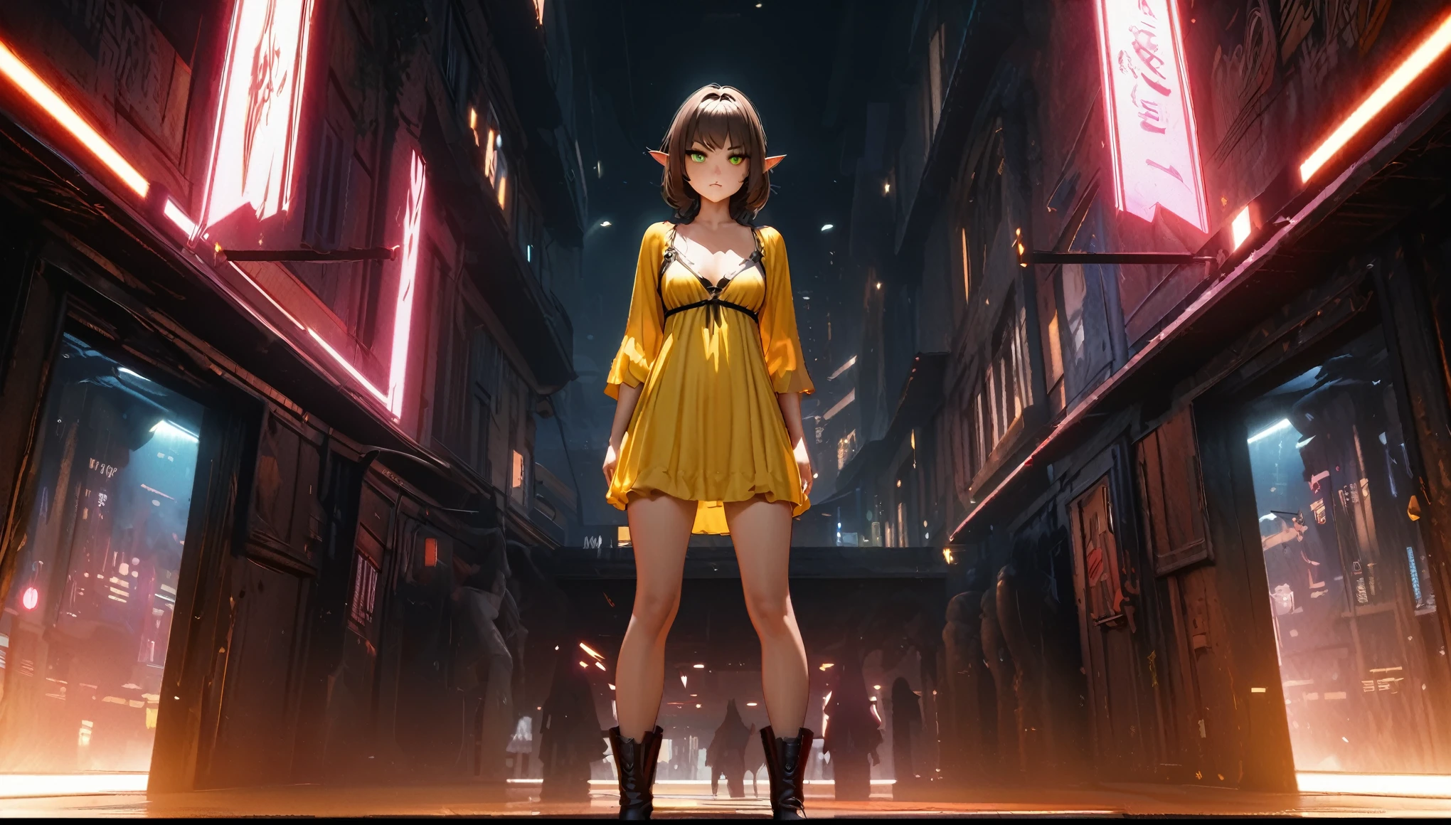Noble Elf, masterpiece, good quality, (1_woman), (Full body),unreal engine:1.4,Ultra-realistic CG K, photorealestic:1.4, Skin texture:1.4, masterpiece:1.4,Schöne woman mit Babydoll-Dessous、Short yellow clothes in cyberpunk style, PANTIMEDIA red , Miniskirt blue,, (((green eyes)), dark_eyeliner, long_eyelashes), Natural dynamic light casts detailed shadows, knee high dark brown boots, Stehen outside rustic tavern, woods, mountains in the distance, Sunny day,, serious look, questionable, caring, Investigation procedure, dark alley, natta, natta sky, red light, (Silhouette, hard light:1.2), Nordic style, high quality, beautiful picture, masterclass!