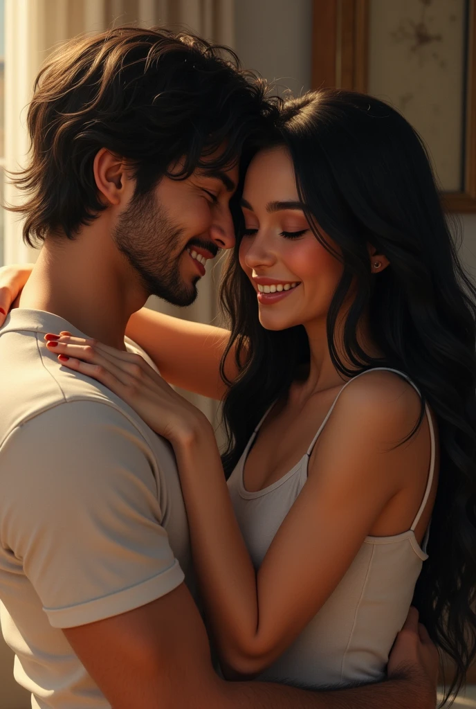 Realistic; Create a couple where the woman is hanging on the men's back, both have white skin color, black hair and both are smiling.