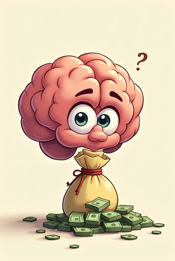 Smiling and excited intellectual cartoon brain thinking about a bag of money, a little serious, And that draws attention