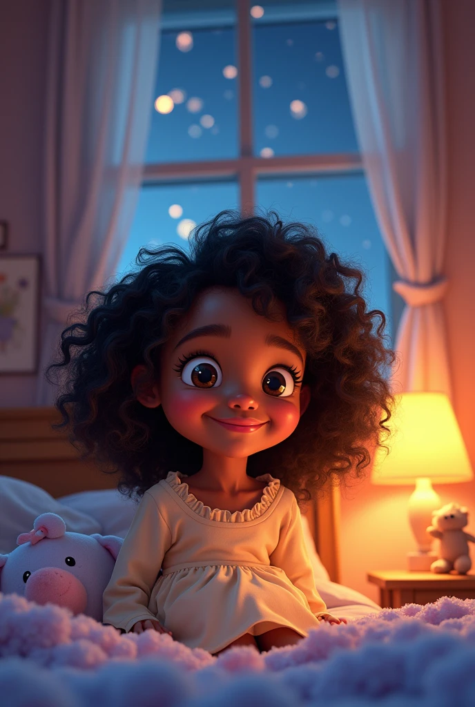 Create a Pixar-style image of a cute girl, black woman with curly hair down to her shoulders. Good night written on the image 
