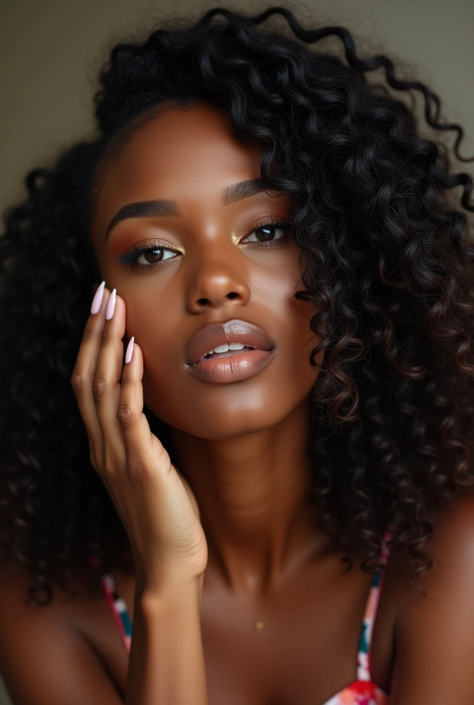 there is a black woman , the woman has curly black curly, she has brown skin, with dark brownish skin, with long curly, long black wet bouncy curls she is taking a long shot selfie whilst doing her makeup