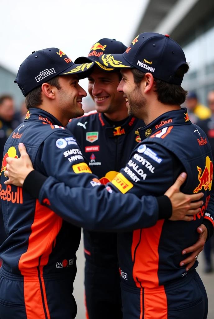 Take me a picture where Max Verstappen appears, Carlos Sainz and Fernando Alonzo from F1 together, hugging