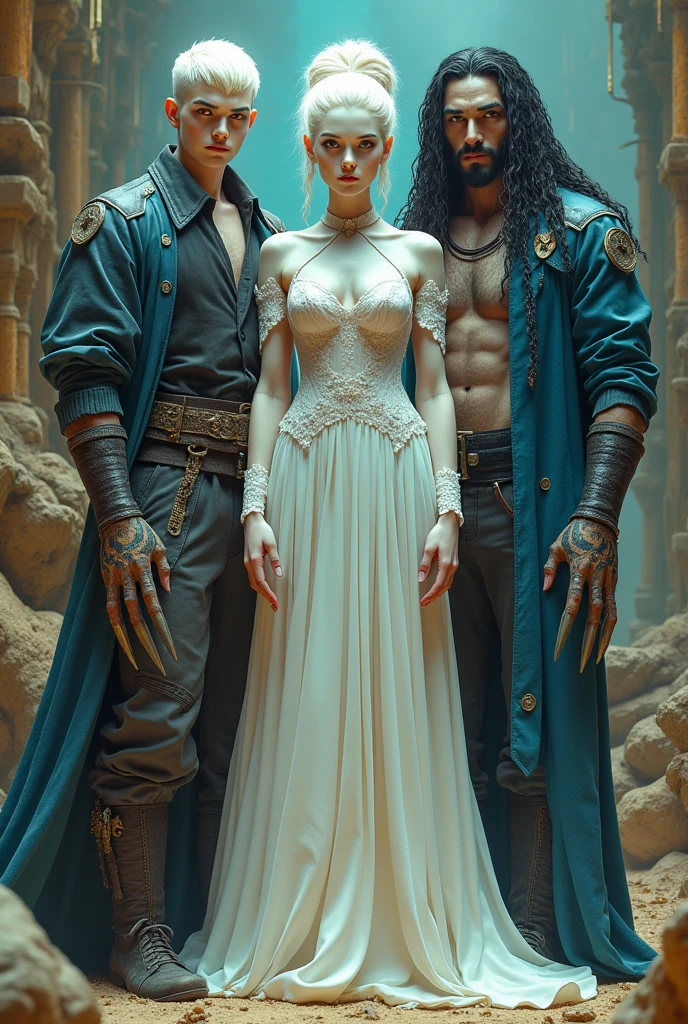 An albino princess, yellow eyes in a white dress with a lot of money pink with her boyfriend, Torn blue and black clothing with claws on the man, and his daughter