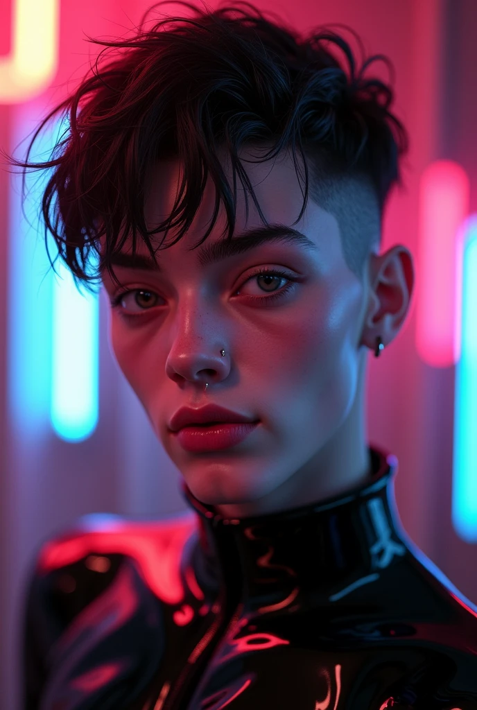 androgynous man, feminine looking man,, young, naked, short hair, septum piercing, dimples, thick collar around neck, naughty expression, black latex bodysuit, neon lights, close-up, UHD, retina, masterpiece, accurate, anatomically correct, textured skin, super detail, high details, high quality, award winning, best quality, highres