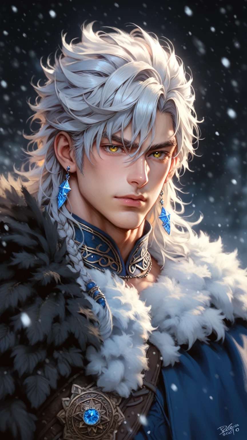 absurdities, High resolution, ultra detailed, HdR, masterpiece, 30 year old adult man, rasgos muy masculines, serious, Extremely detailed face and eyes, medium straight hair thick eyebrows, fringe, expressive nordic eyes, rasgos masculines, detailed eyes, LOOKING AT THE SPECTATOR, 1 man, viking style clothing, masculine, blue clothes con abrigo de piel, snowy background, White skin, viking necklace, blue clothes, white earrings, Nordic jewelry, sexy man, Complete plan, beefy chest, magical realism, masculine, men&#39;s clothing, vibrant colors, photorealistic, 8k, Best Quality, High resolution, cinematic lighting, intricate details, snow background.