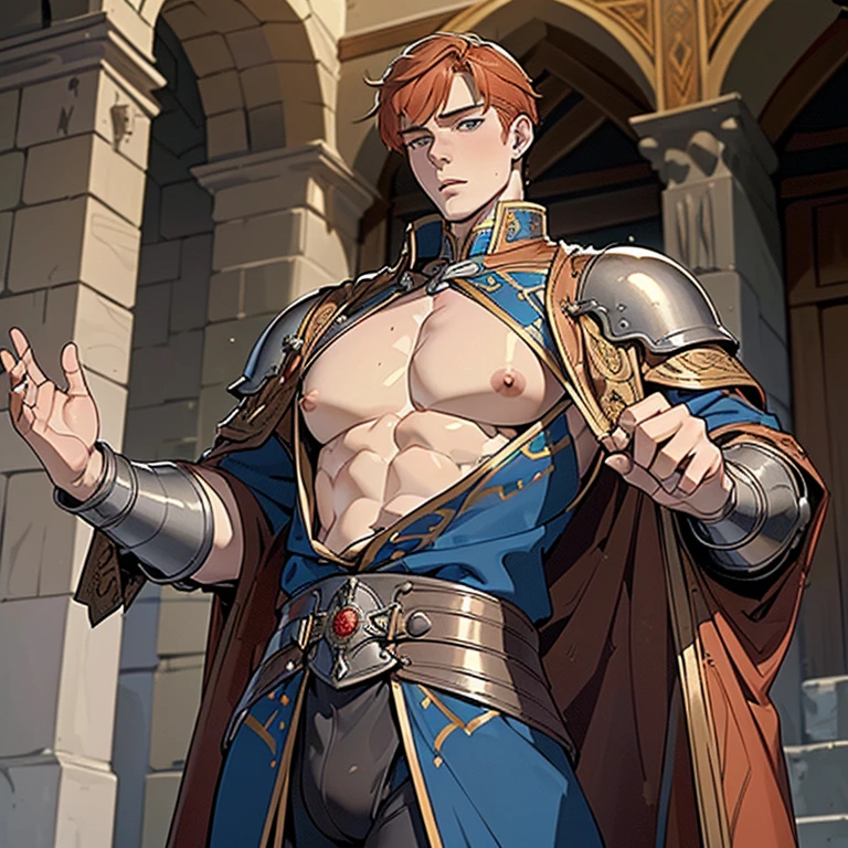 ((A ginger haired tall lean 18 years old English prince inspired by Spanish princess series’ Heinrich VII is wearing erotic medieval leather clothes his nipples piercing the cloth)), ((huge protruding bulge)), NSFW, hentai, porn, the setting is beautiful medieval outside castle, ((youthful face)), he is outside with soldiers in armor,  he is wearing rings, ((he is posing seductively)),