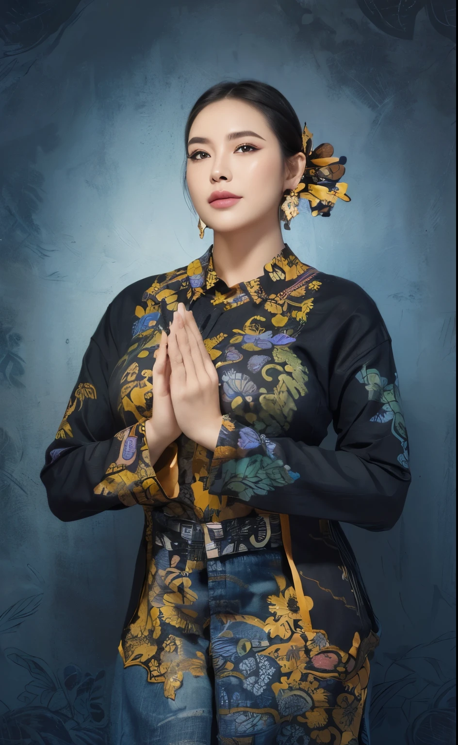 (masterpiece), (best quality), (digital painting), wide shot angle, 1 beautiful woman, thick eyebrows, curled eyelashes, facial details, long hair, Huge breasts, ((black batik shirt, cloth_pattern)), repeating pattern design, blue denim, hips, background, shop street, 