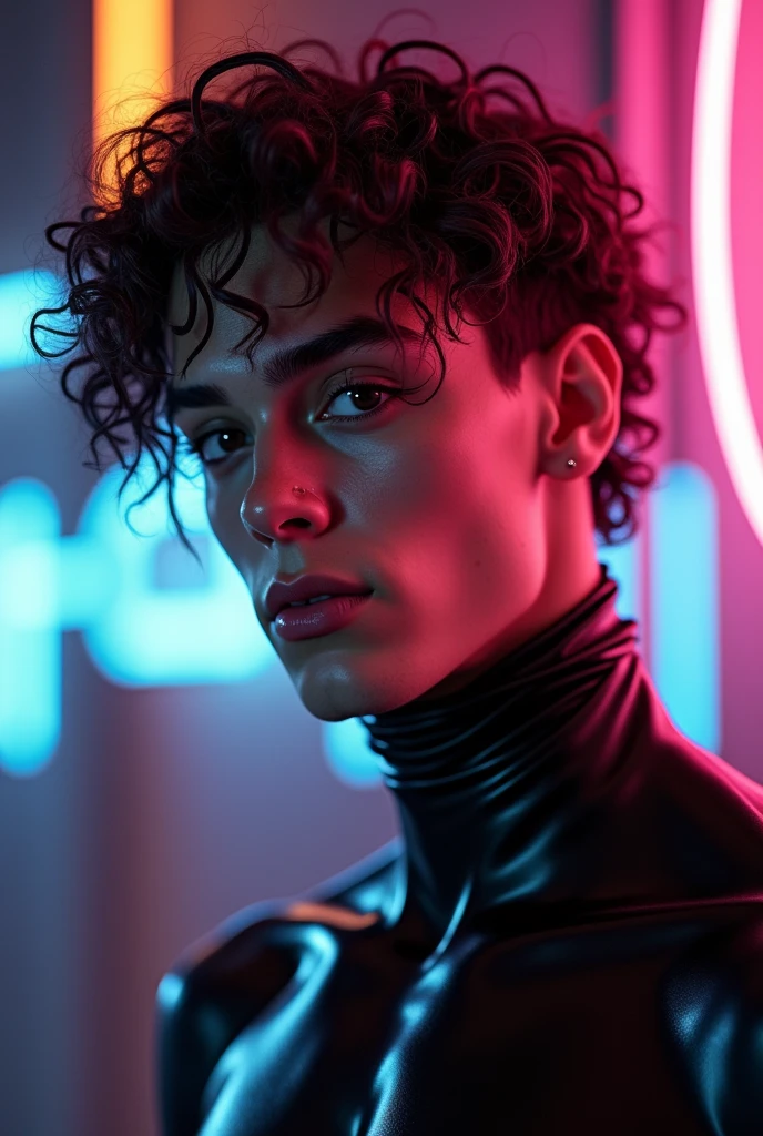 black man, man, feminine looking man, no breasts, young, naked, very curly hair, septum piercing, dimples, dominant expression, black latex bodysuit, neon lights, close-up, UHD, retina, masterpiece, accurate, anatomically correct, textured skin, super detail, high details, high quality, award winning, best quality, highres