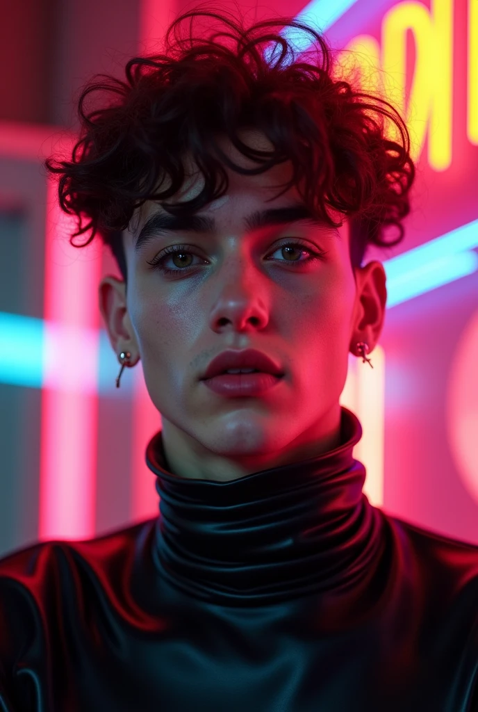 androgynous man, feminine looking man,, young, naked, very curly hair, septum piercing, dimples, thick collar around neck, naughty expression, black latex bodysuit, neon lights, close-up, UHD, retina, masterpiece, accurate, anatomically correct, textured skin, super detail, high details, high quality, award winning, best quality, highres
