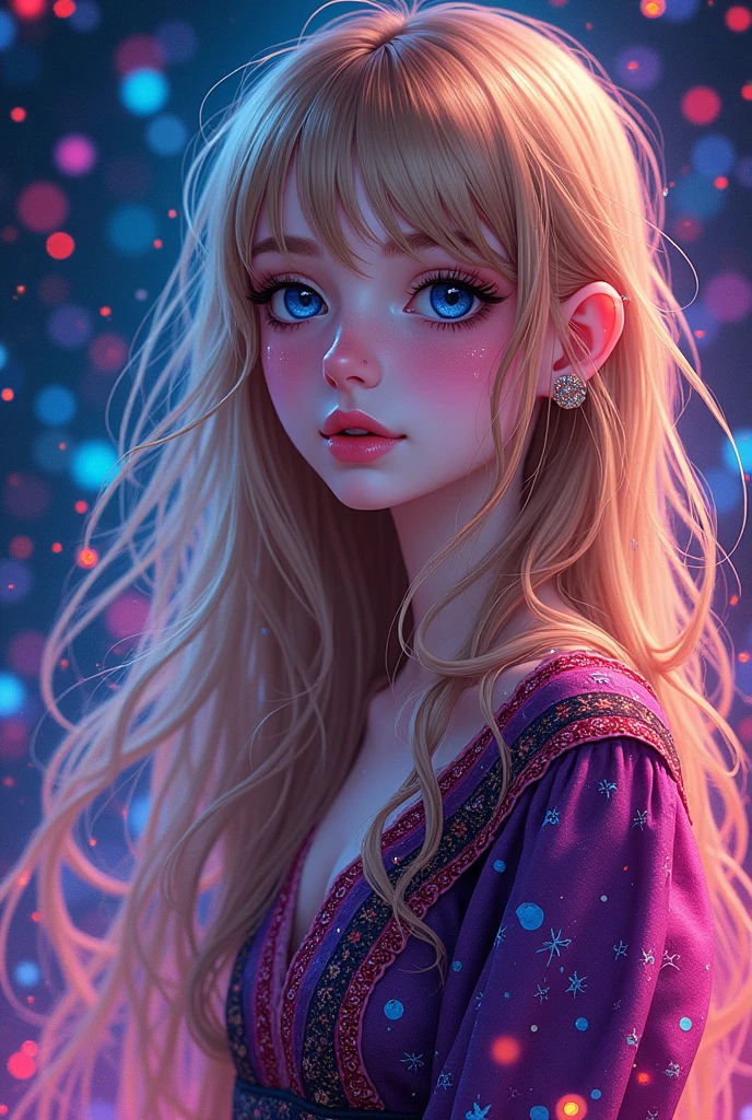 (Masterpiece, Top Quality, Best Quality, Official Art, Beautiful and aesthetic:1.2), (1Girl:1.3), Extremely detailed,(fractal art:1.2),colourfull,highest details,( Zentangle neon:1.2), (Dynamic Pose), (Abstract background neon:1.5), (treditional dress:1.2), (sparkly skin), (many colors:1.4), full body,neons,16 k,Full HD, Blue Eyes, beautidful eyes, extremely detailed eyes and face, Beautiful detailed eyes, Ultra-detailed, light on the face, with long blond hair, Blonde hair, Slim Body, Fair skin, a 18 year old girl, realistic photography, ultra realistic