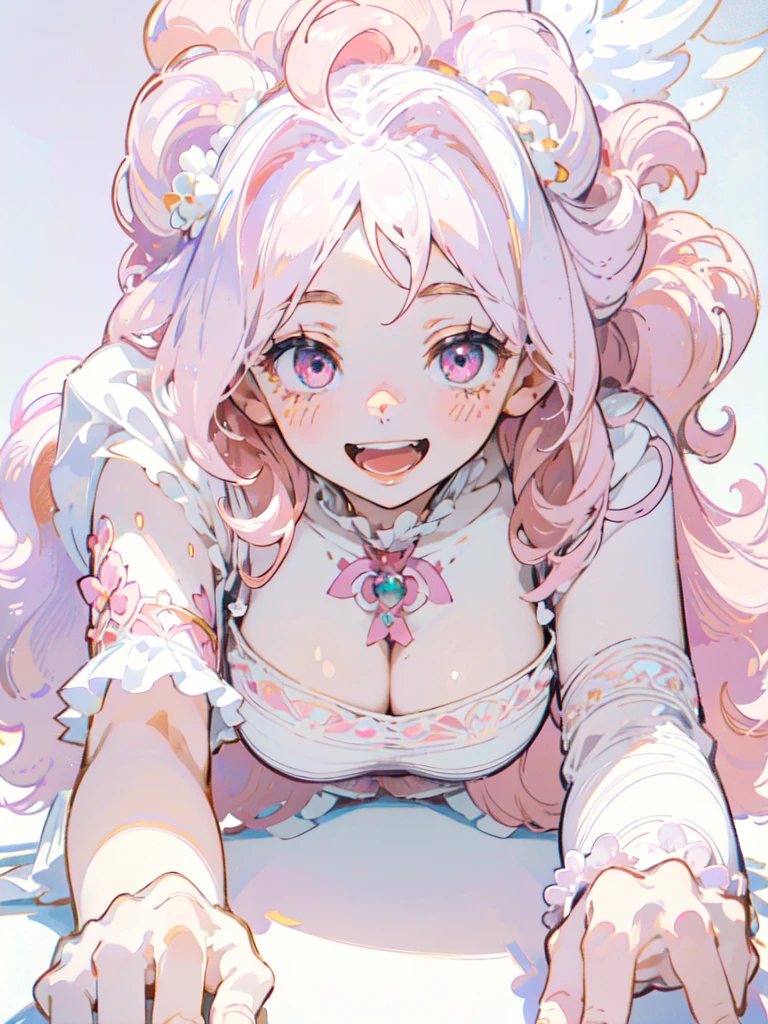 on all fours, big tits, showing the tongue, open mouth
(masterpiece,Highest quality, Very detailed, beautiful, Exquisite, 16K, Full HD), ((smile,Happy:1.5)),((Frills)), (Pink medium hair,Wavy Hair,Fluffy hair),(White skin,lavender eyes, Long eyelashes, Big eyes,Pale pink cheeks), (pastel colour,Fantasy art:1.2), (White Background:1.8)