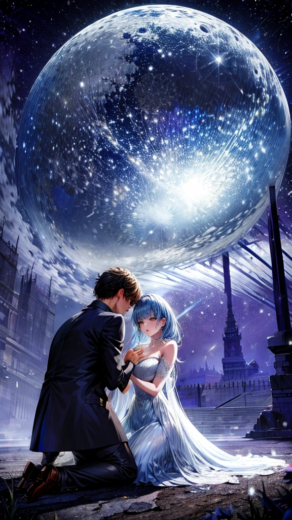 From below, Huge full moon, Big tree, Woman receiving a proposal, I listen shyly, A man kneeling in front of his girlfriend to confess his feelings, Man's back, Beautiful moonlight, Shading Effects, Gradient Magic Effect, Glitter effect, (Super detailed, The absolute solution, Highest quality:1.3), 2.5D, delicate and dynamic, Artistic photography, Ultra-realistic