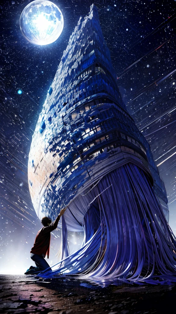 From below, Huge full moon, Big tree, Woman receiving a proposal, I listen shyly, A man kneeling in front of his girlfriend to confess his feelings, Man's back, Beautiful moonlight, Shading Effects, Gradient Magic Effect, Glitter effect, (Super detailed, The absolute solution, Highest quality:1.3), 2.5D, delicate and dynamic, Artistic photography, Ultra-realistic
