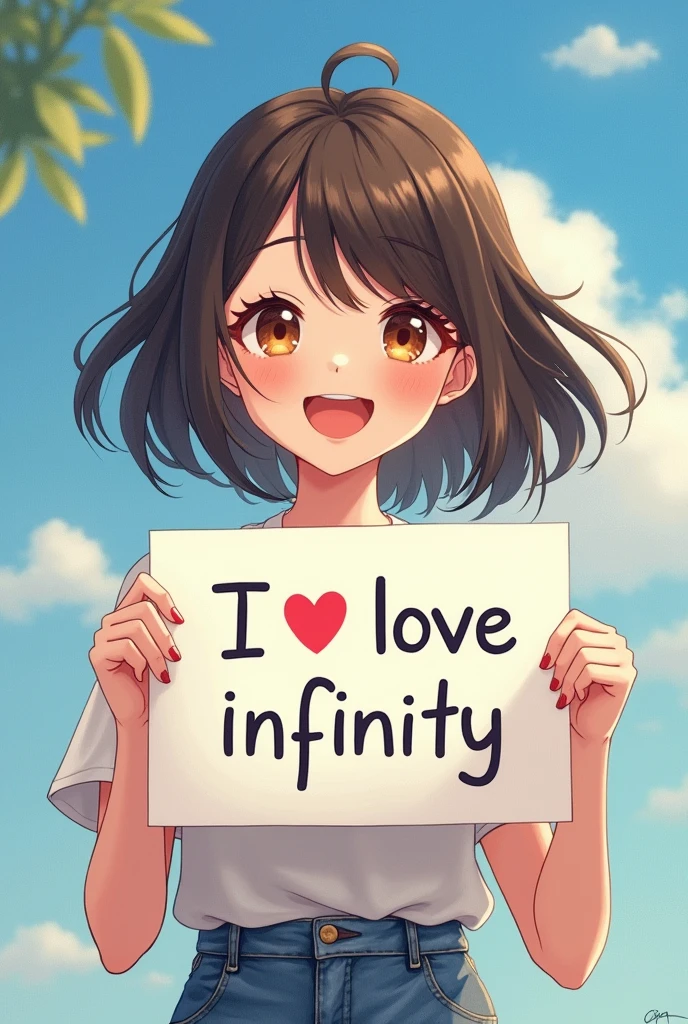 a beautiful and cute woman holding up a sign "i love infinity", joyful, happy, anime illustration, photorealistic, oil painting